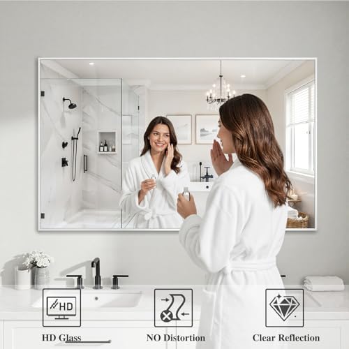 Koonmi White Rectangle Wall Mirror, 30x48 Inch Bathroom Mirror, Aluminum Frame - Image 3