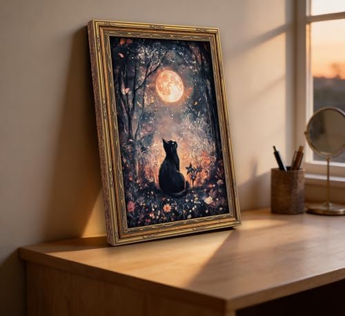 Vintage Gold Framed Black Cat Canvas Wall Art Dark Academia Gothic Full Moon - Image 3