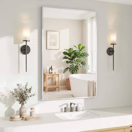 Koonmi Silver Rectangle Wall Mirror, 24x32 Inch Bathroom Mirror, Aluminum Frame by KOONMI