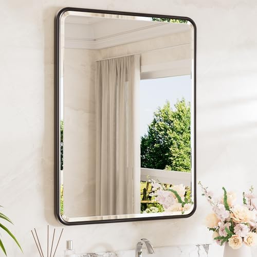 TETOTE Black Framed Vanity Mirror 24 x 32 Beveled Edge Tempered Glass, Rounded by TETOTE