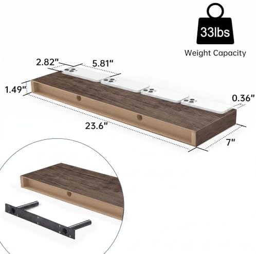 Smoke Gray Floating Wall Shelves, 24 Inch Bathroom Shelf Set of 3 - Image 3
