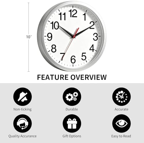 Rohioue Wall Clock Analog 10 Inch Silver Battery Operated Silent Clock - Image 3