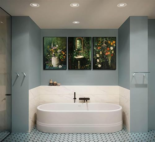 3Pcs Vintage Dark Green Bathroom Wall Art Shower Toilet Paper Roll Floral - Image 2
