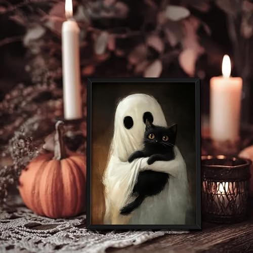 Framed Vintage Halloween Ghost Wall Art, Cute Ghost Hugging Black Cat Canvas - Image 4