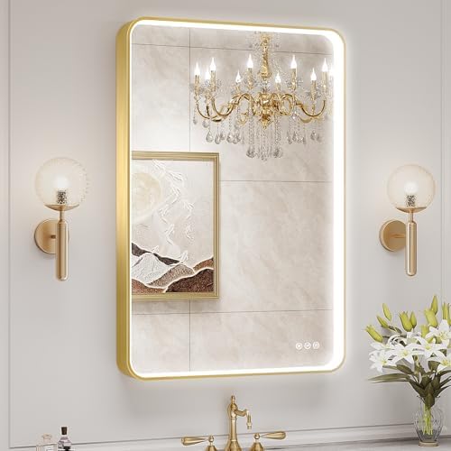 LED Mirror for Bathroom 24X36 Inch Gold Framed by Oerbasz