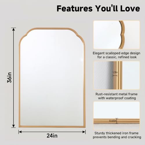 36"x24" Gold Bathroom Scalloped Mirror, Rust-Proof Metal Frame - Image 2