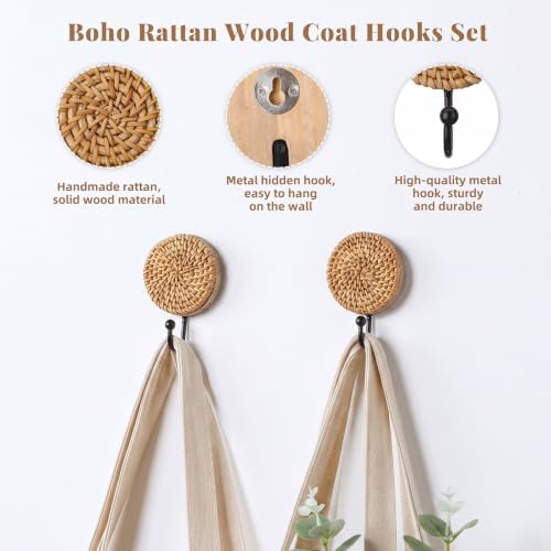 Colingmill 2 Pcs Boho Rattan Wall Hooks, Woven Towel Hooks Decor - Image 3