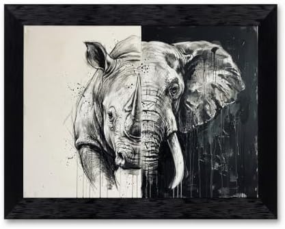 Framed Canvas Wall Art Monochrome Rhino Elephant Split Portrait High Contrast by Unknown