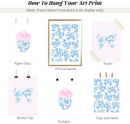 Pink Blue Flower Wall Art Bow Chinoiserie Canvas Wall Art Decor Watercolor - Image 7