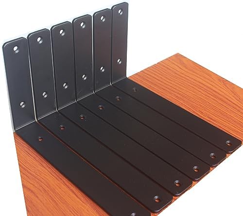 6 Pack - L 11" x H 6" x W1.5, 5mm Thick Black L Shelf Bracket, Iron Shelf by MHMYDZ