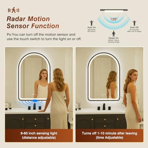 24x36 Inch Arched Black Framed LED Bathroom Mirror - Image 4