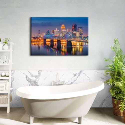 Large USA Downtown Colorful Night Cityscape Canvas Wall Art Louisville Kentucky - Image 4
