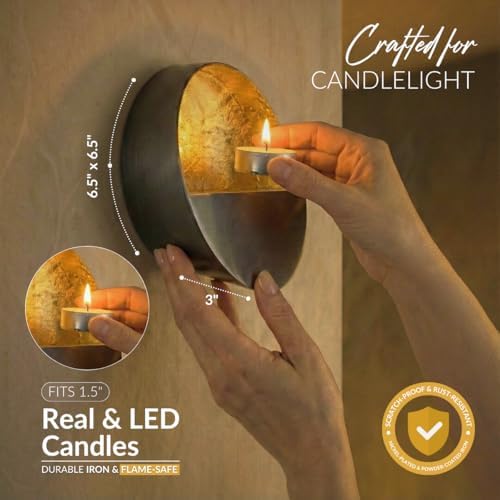 Eclipse Wall Candle Sconces Set of 2-6.5" Round Gold Tea Light Holders - Image 3