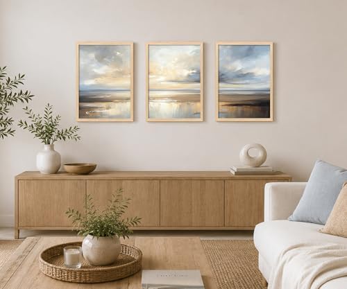 Framed Modern Abstract Coastal Oil Painting Wall Art Set of 3, 12x16 Inch - Image 3