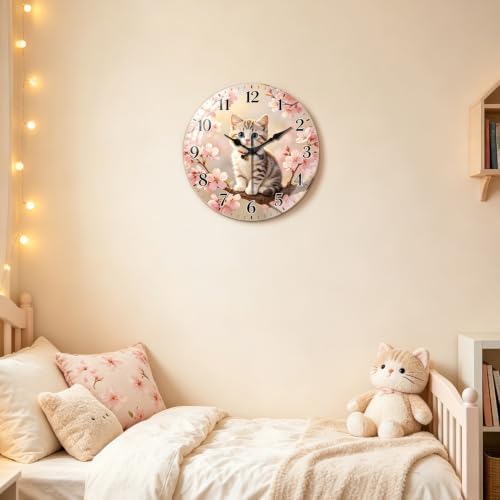 peacoblue Cherry Blossom Cat Wall Clocks Battery Operated - Image 3