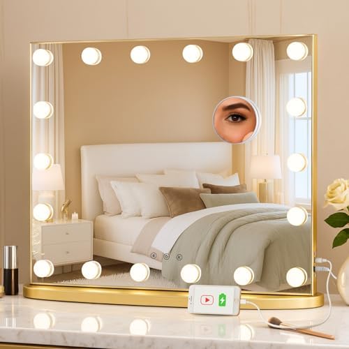 LUXFURNI Vanity Mirror with Lights, 23.6" Hollywood Makeup Mirror Gold by LUXFURNI