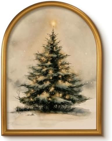 VIYYIEA Gold Arched Framed Christmas Tree Wall Art, Cozy Winter Pine Prints by VIYYIEAART