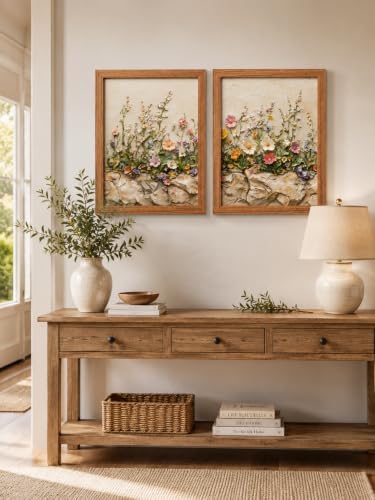 2Pcs Wood Framed Floral Canvas Wall Art Textured Relief Painting Prints Flower - Image 2