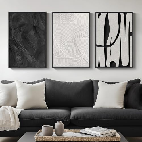 Framed Black and White Modern Abstract Wall Art set, 3 Piece Canvas Prints by Cuspin