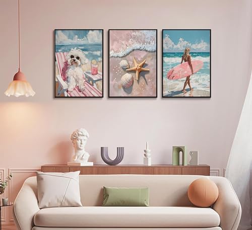 Uofnvrji 3Pcs Pink Beach Preppy Wall art Retro Beach seashell and starfish - Image 5