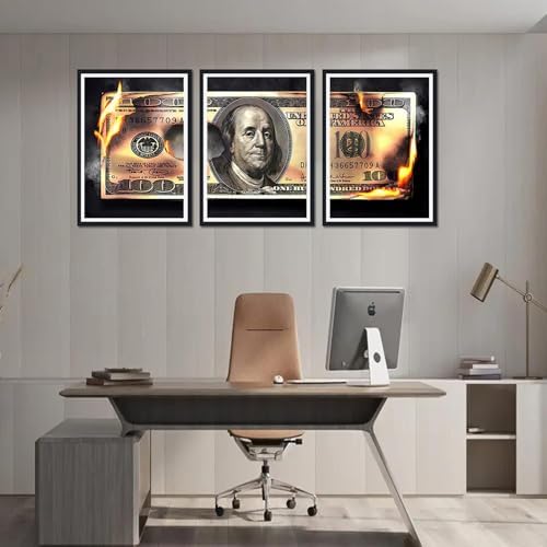 Modern Money Benjamin Franklin Canvas Wall Art Black Framed Painting 3 Panels - Image 2