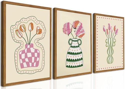 Framed Boho Floral Canvas Wall Art Set of 3, Abstract Botanical Pictures Prints by Unknown
