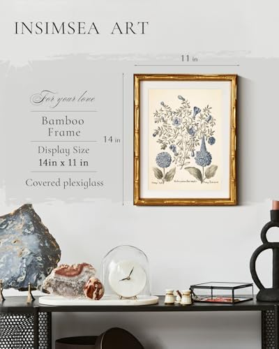 InSimSea Gold Bamboo Framed Wall Art, Retro Blue Hydrangea Prints - Image 3