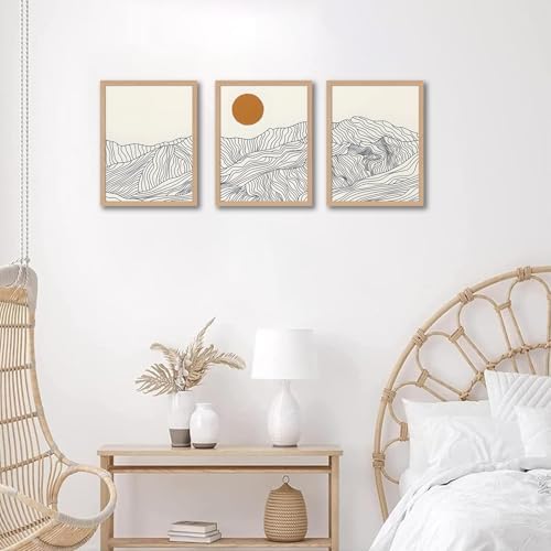 Abstract Wave Line Mountain Framed Canvas Wall Art, Boho Sun Wall Decor - Image 3