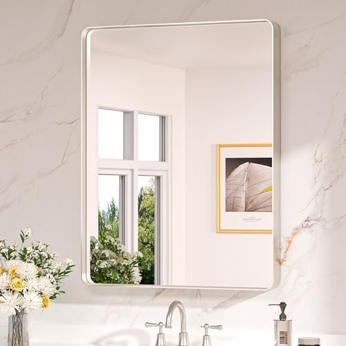 Keonjinn 28 x 36 Inch Brushed Nickel Bathroom Mirror, Tempered Glass by Keonjinn
