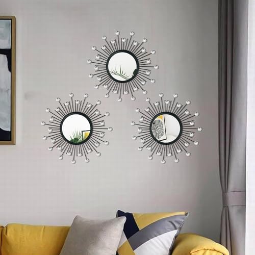 3 Pack Metal Mirrors for Wall Sunburst Wall Mirror Black Crystal Wall Art - Image 5