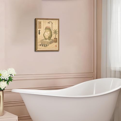 Framed Vintage Frog Bathroom Wall Art, Funny Cute Green Frog in Bubble Bath - Image 2
