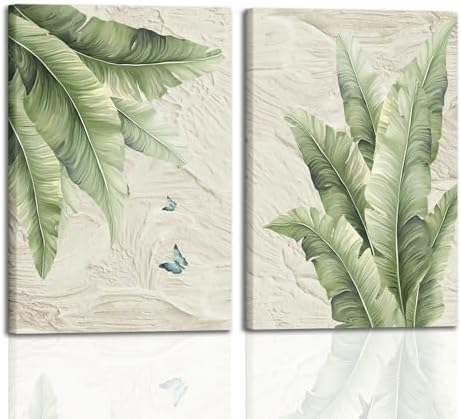 KBCXOY Tropical palm tree Wall Art Set of 2 Green Leaf Canvas Prints Minimalist by KBCXOYLinnasArt