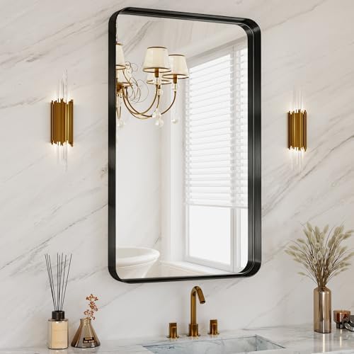 Black Bathroom Mirrors for Over Sink, 24X36 Inch Matte Metal Framed by MYSUNORIA