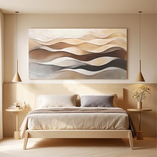 Large Brown White Wavy Stripes Abstract Wall Art - Image 2