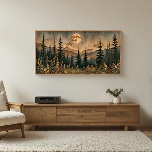 Vintage Moonlight Forest Mountain Framed Canvas Wall Art Set- 20"x40"x1 - Image 3
