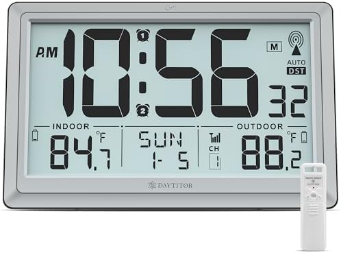 Atomic Clock Wall with Indoor/Outdoor Temp & 10.5" Large LCD Display by DAYTITOR