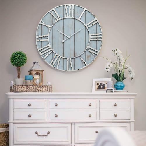 EMAX HOME Large Farmhouse Wall Clock 24 Inch Vintage Blue Wooden Wall Clock - Image 3