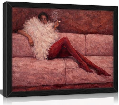 Framed Abstract Fashion Woman Canvas Wall Art, Cool Girl In Sofa Pink Ruby by HRENDDEGLwallart