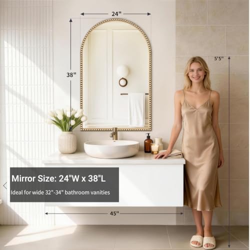 Arched Beaded Mirror for Bathroom, Retro Brass Metal Frame Champagne Bronze - Image 3