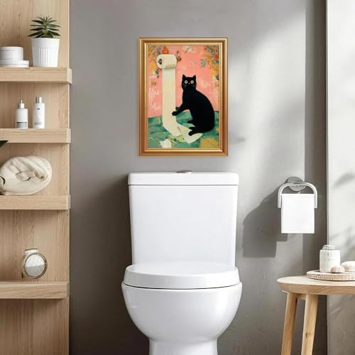ICHZUMW Gold Framed Funny Black Cat Toilet Paper Canvas Wall Art, 8x10 In - Image 4