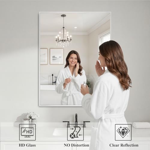 Koonmi White Rectangle Wall Mirror, 30x36 Inch Bathroom Mirror, Aluminum Frame - Image 3