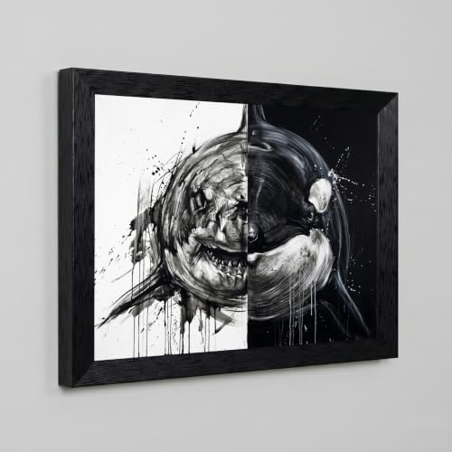 Framed Canvas Wall Art Monochrome Abstract Shark Orca Split Black White Ink - Image 5