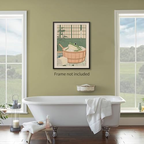 Japanese Frog in a Bathtub Wall Art Sage Green Relaxing Bathroom Posters Fun - Image 4