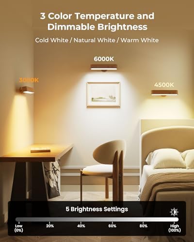 Rechargeable Wall Sconces Set of Two, Walnut Wood Battery Operated Wall Sconce - Image 5