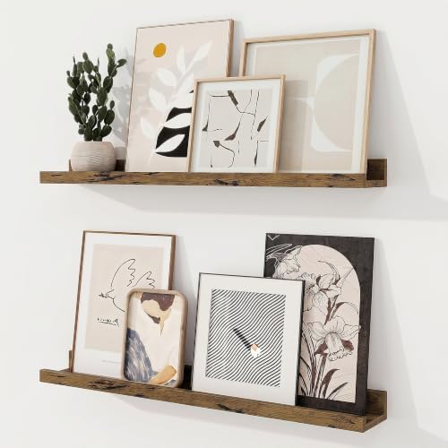 Picture Ledge Shelf, 28 inch Floating Wood Shelves Set of 2, Rustic Brown by RICHFOCUS