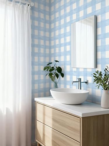 Blue Peel and Stick Wallpaper Plaid Modern Wall Paper Checkered Gingham Contact - Image 2