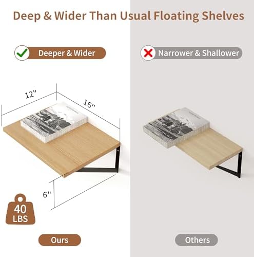 Axeman Deep Floating Shelves, 12 Inch Deep Rustic Oak Floating Wall Shelves Set - Image 3