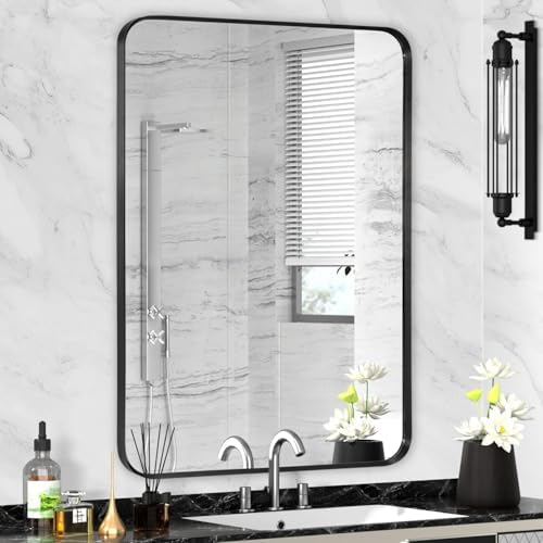 Black Bathroom Mirror 24x30in, Metal Framed Rounded Rectangle Wall by Minuover