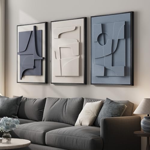 Large 3D Textured Framed Blue White Abstract Wall Art Set, 3 Piece 20x30 In - Image 2