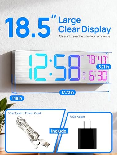 MASHI 18.5" Large Digital Wall Clock, 9 RGB Color Display - Image 2